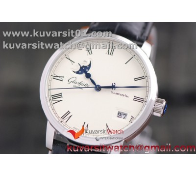 GLASHUTE EXCELLENCE PANORAMA DATE MOON PHASE SS GF 1:1 BEST EDITION WHITE DIAL ON BLACK LEATHER STRAP A100