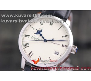 GLASHUTE EXCELLENCE PANORAMA DATE MOON PHASE SS GF 1:1 BEST EDITION WHITE DIAL ON BLACK LEATHER STRAP A100